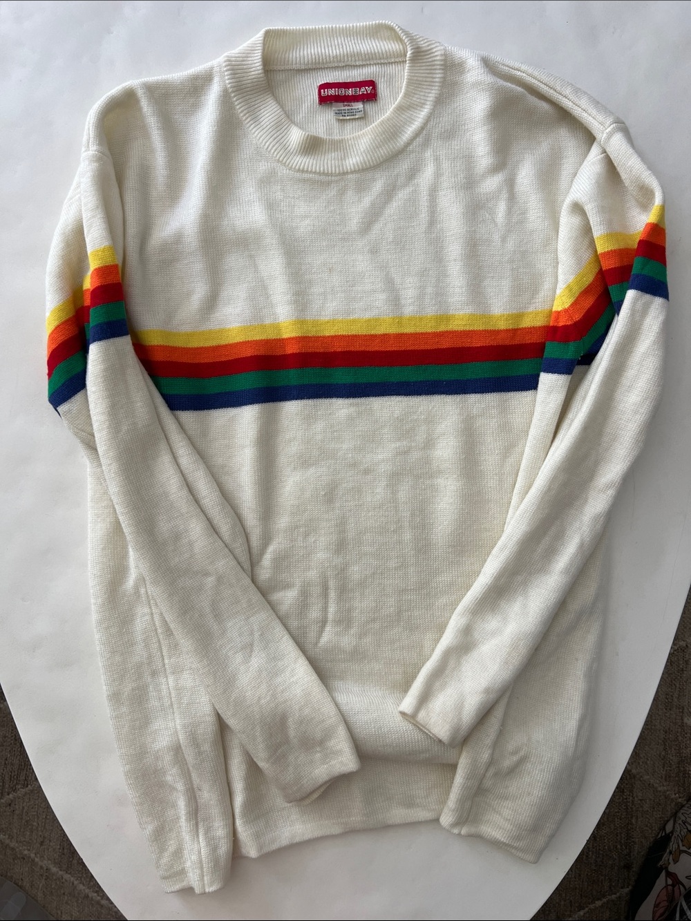 Vintage Unionbay Rainbow Stripe Sweater Cream Crewneck Pullover 80s Mens Small